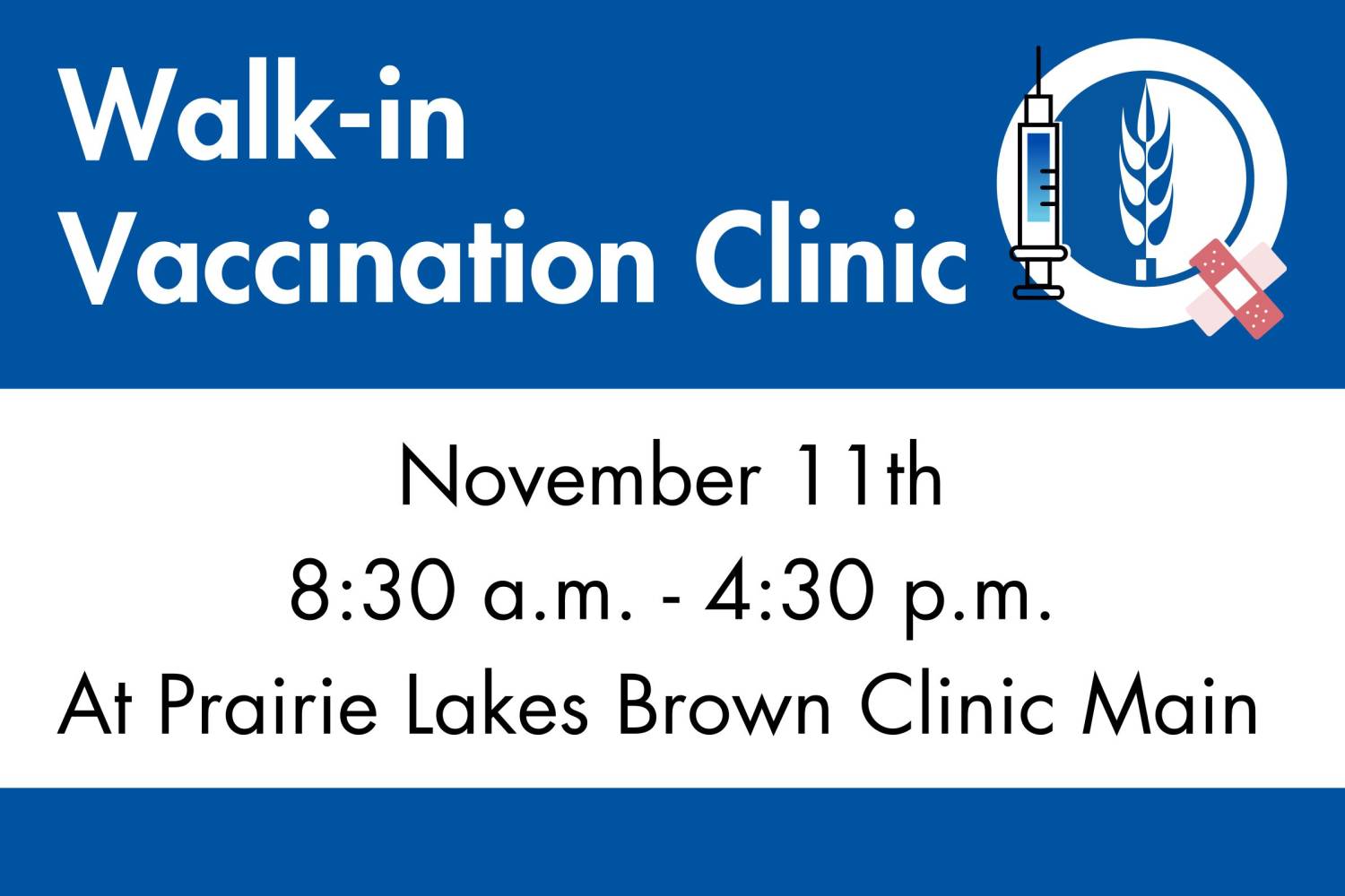 Prairie Lakes Brown Clinic Hosts Public Vaccination Clinic on Monday, Nov. 11th